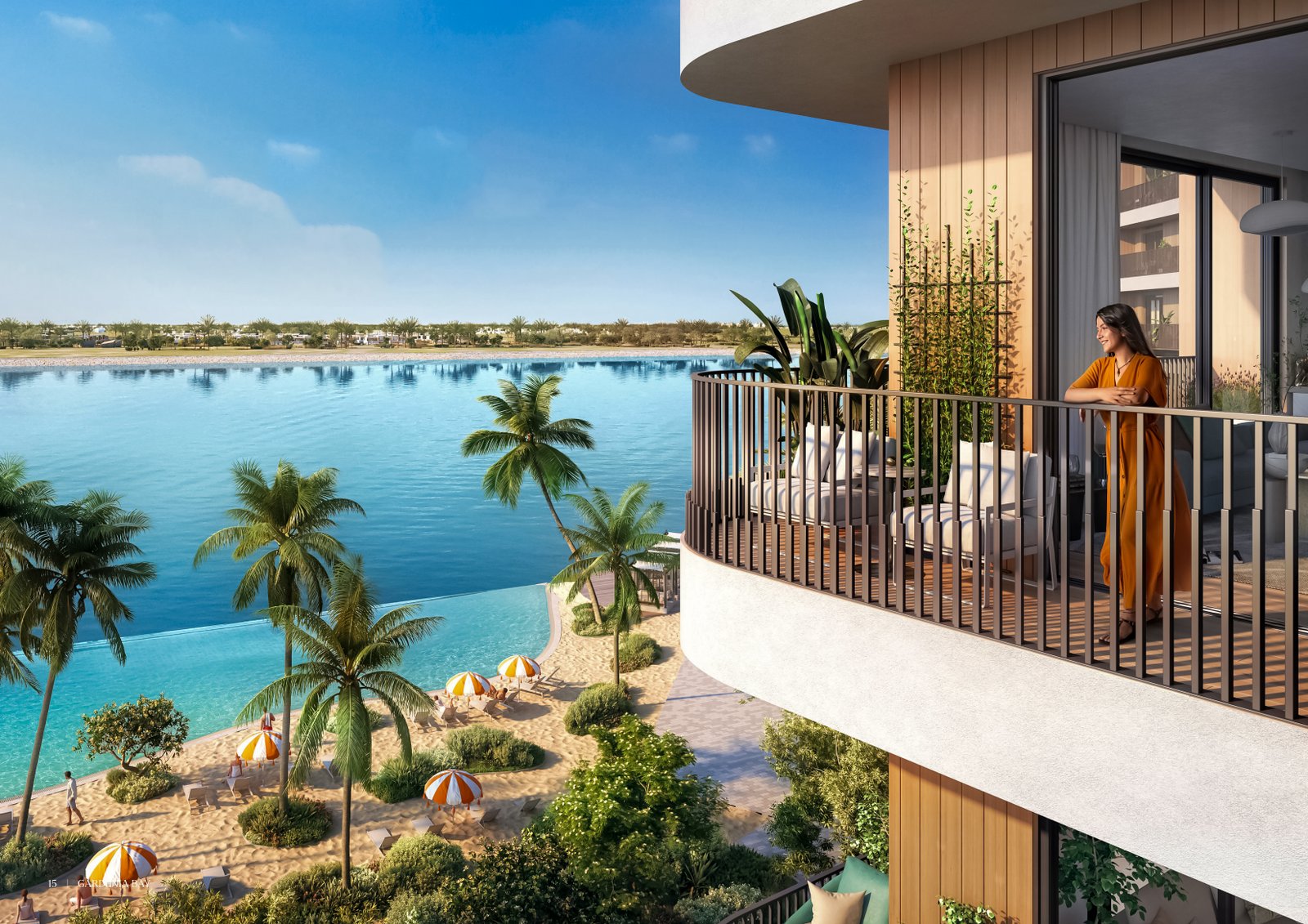 Residents enjoying the outdoor pool and landscaped gardens at Gardenia Bay, a family-oriented development on Yas Island.