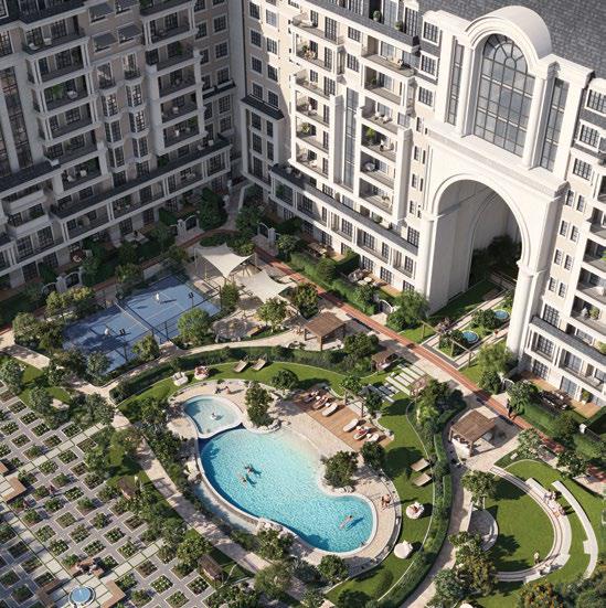 Building exterior surrounded by lush landscaped greenery at Bab Al Qasr Garden Residence 66 Masdar City Abu Dhabi offering serene outdoor spaces for reside