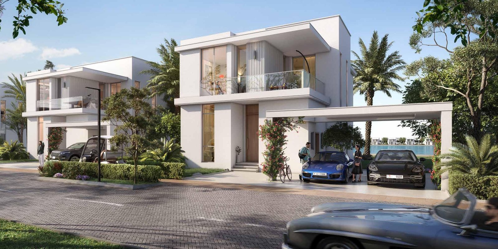 Wide-angle shot of the island’s marina, villas, and beachside landscape, showcasing the master-planned layout and premium facilities.