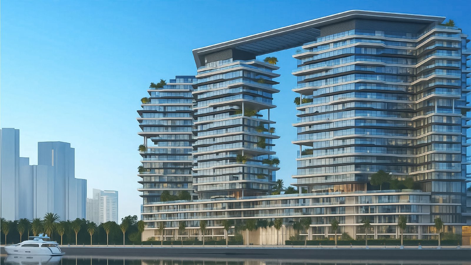Daytime view of Seamont residence from Reem Island promenade with waterfront backdrop