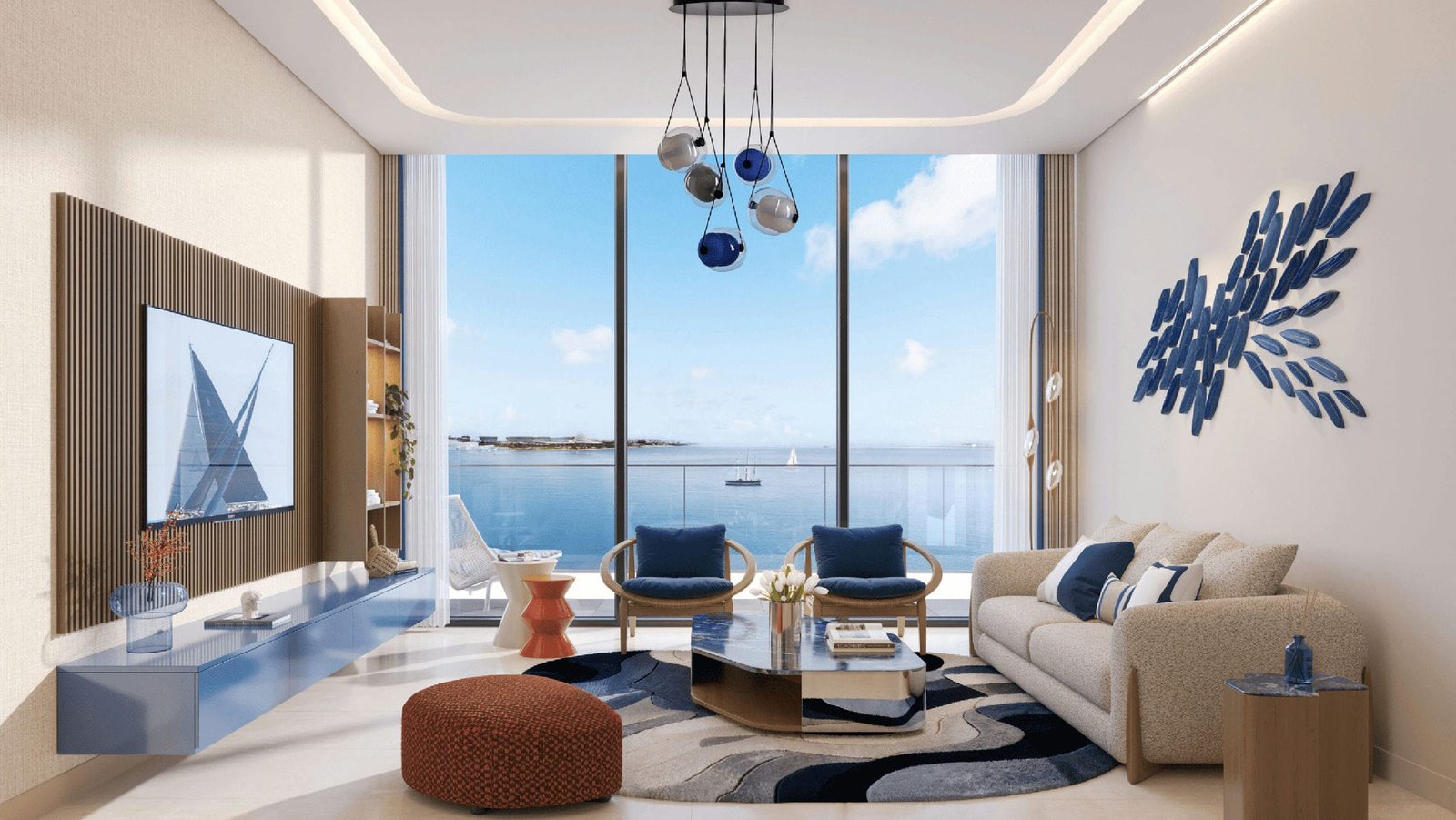 Spacious living room at Seamont Autograph Collection, Reem Island, offering uninterrupted sea views and natural light
