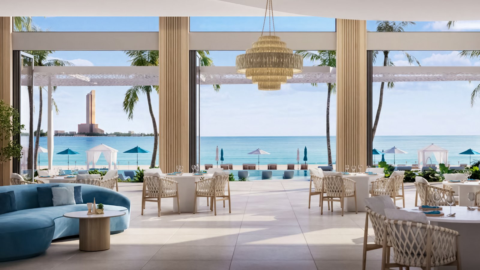 Elegant open plan interior of a 3 bedroom apartment at Nikki Beach Residences by Aldar, showcasing modern design and high-end finishes.
