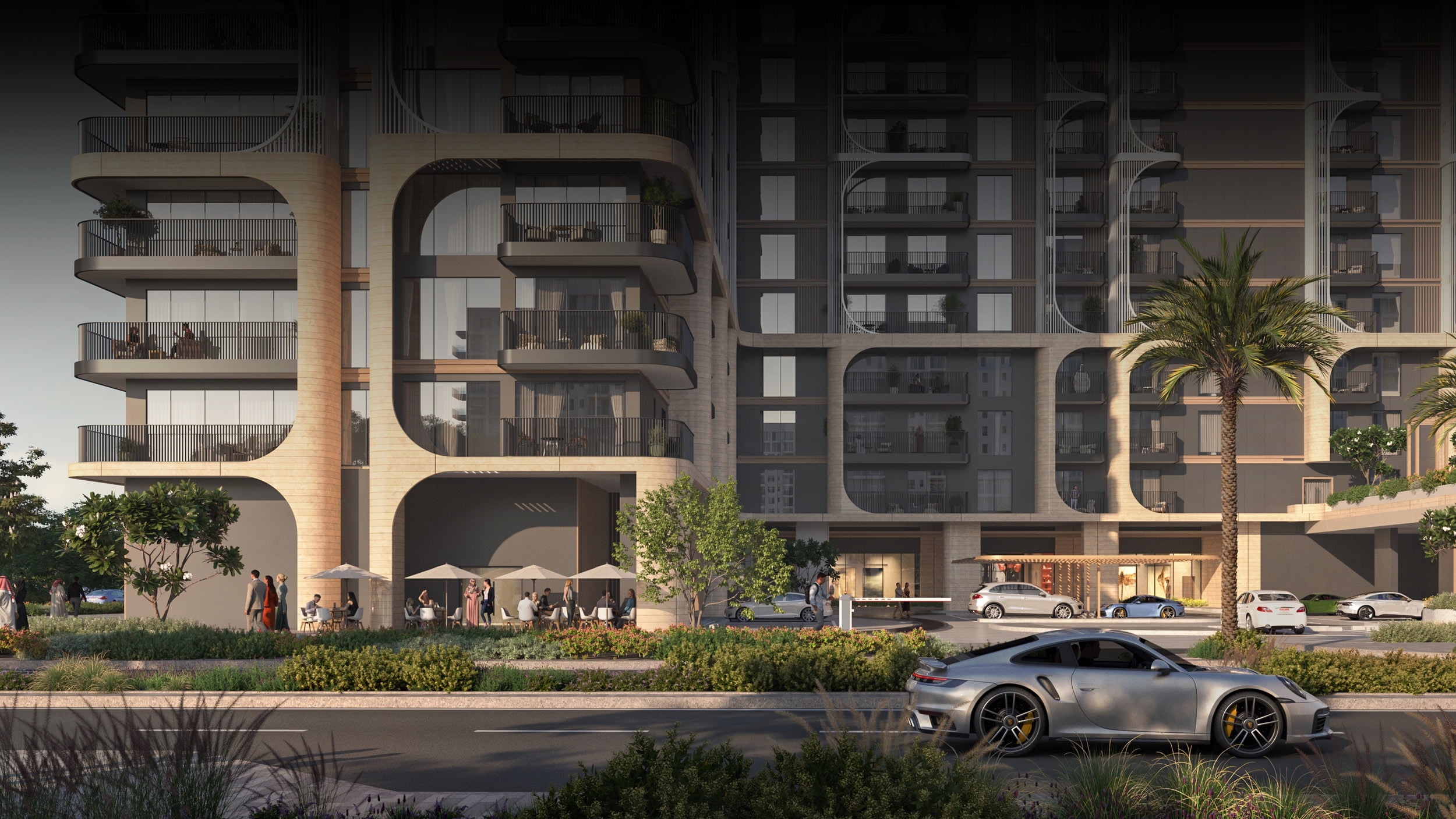 Aerial view of Yas Living by Aldar, located on Yas Island, Abu Dhabi, showcasing the walkable community layout, landscaped spaces, and vibrant atmosphere a