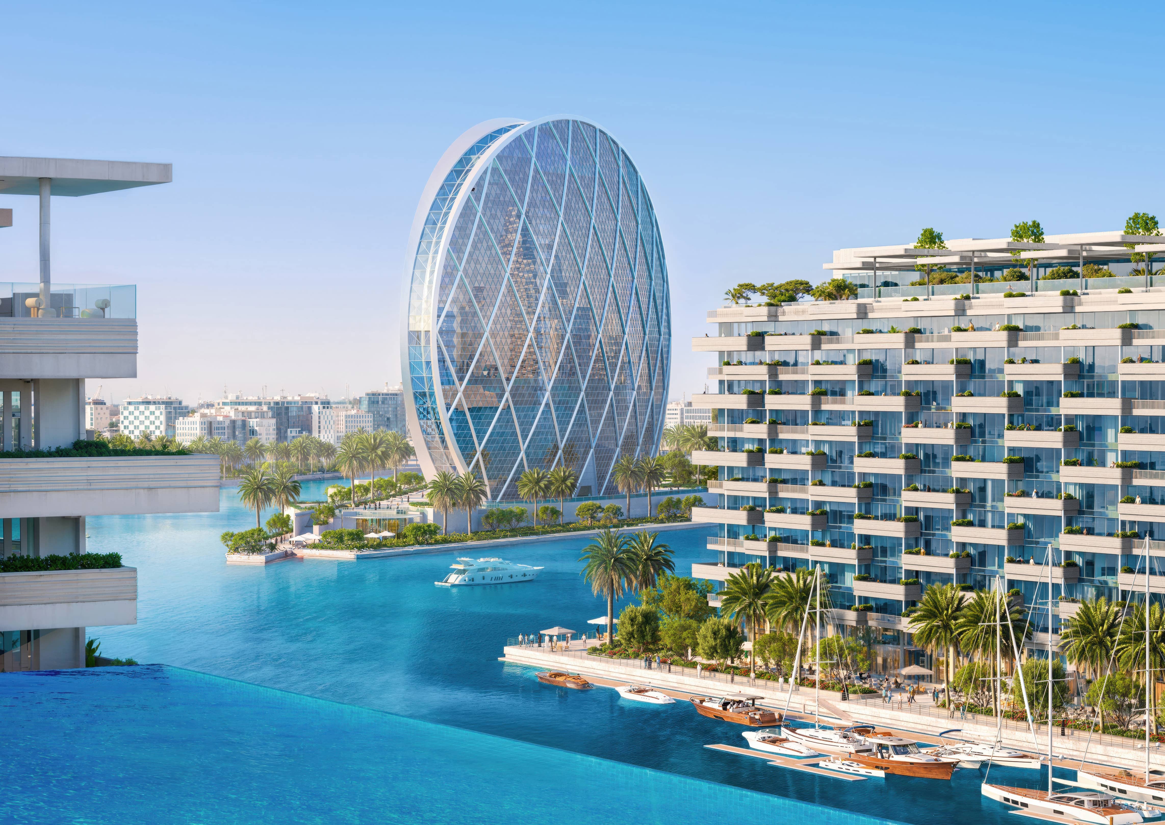Waterfront facade of Juman 2 Abu Dhabi with contemporary architectural elements and glass balconies