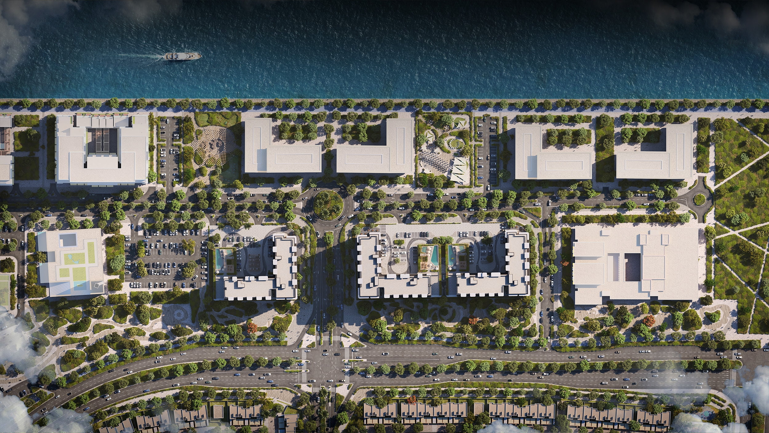 Overview of the entire Yas Living by Aldar site plan, including all three residential buildings, green spaces, and key community amenities on Ya