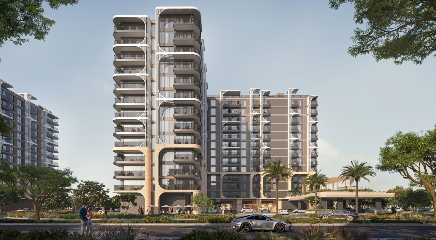 Entrance signage and driveway of Yas Living by Aldar on Yas Island, showing modern branding and the welcoming entry experience for residents