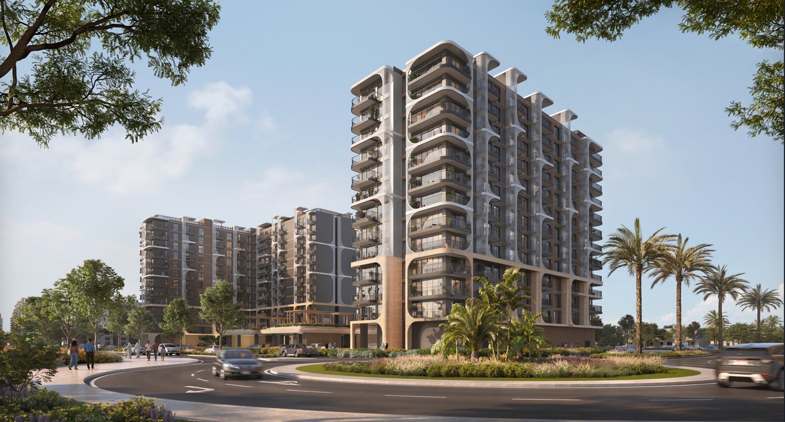 Yas Living by Aldar building façade at golden hour on Yas Island, Abu Dhabi. Featuring contemporary architecture and sustainable design in a thr